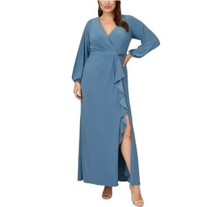 Adrianna Papell Blue Knit V Wrap Top Side Ruffle Slit Maxi Formal Dress NWT